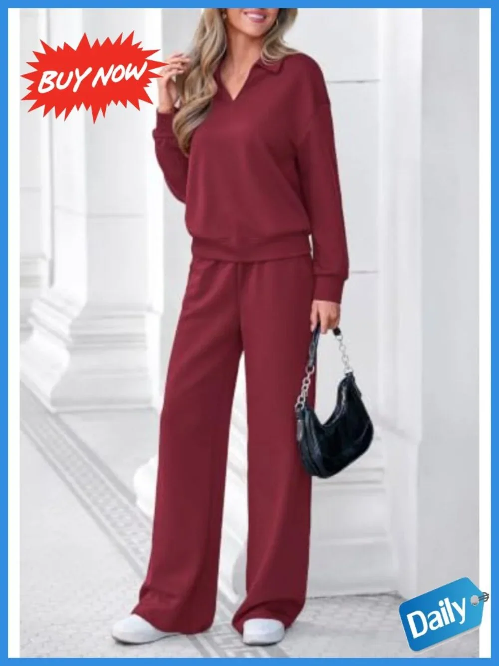 Womens 2 Piece Sweatsuits Polo Collar Top Wide Leg Pants Matching Lounge Set